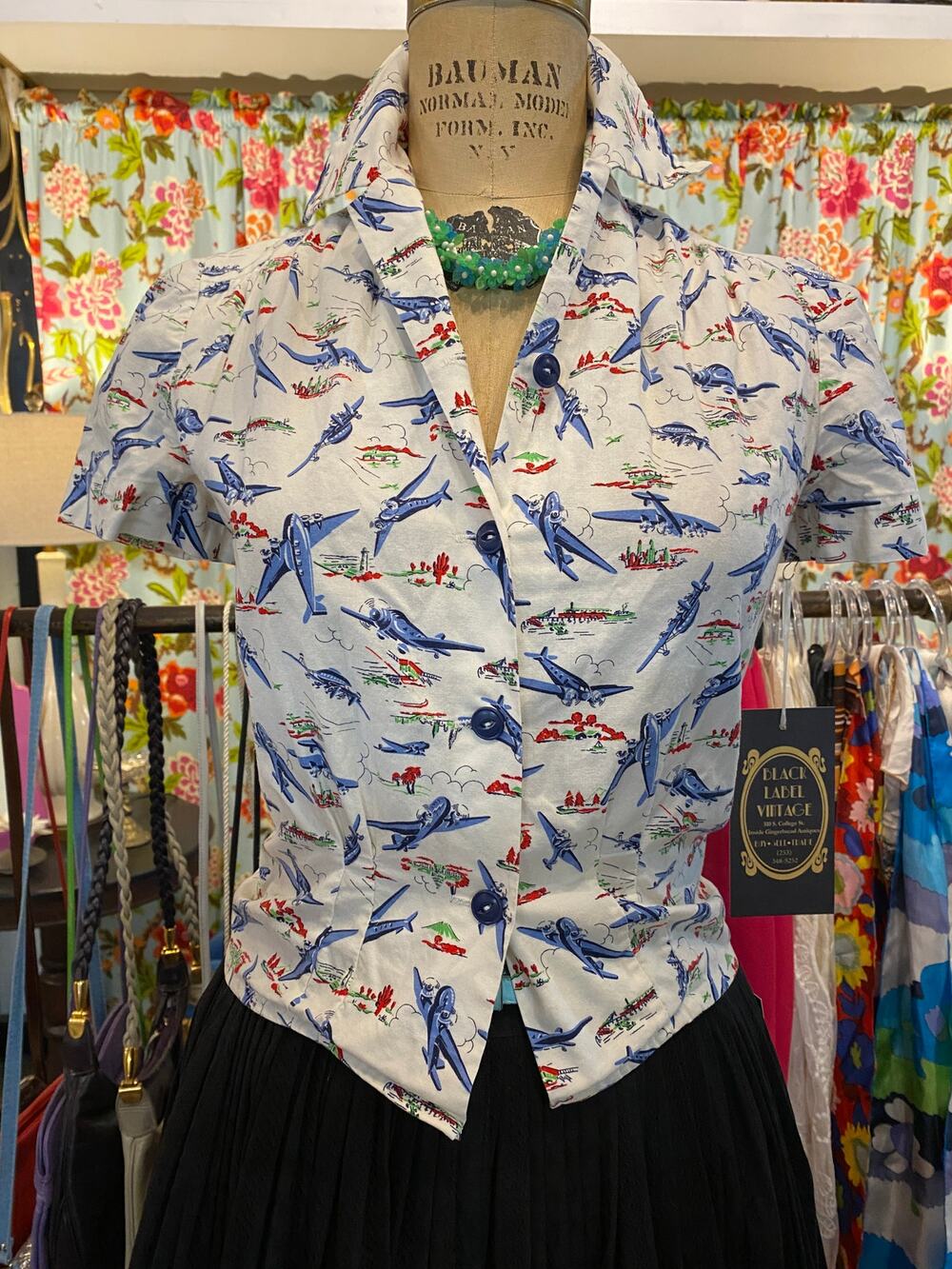 1940s style repro airplane blouse, novelty print top, jitterbuggin, retro style